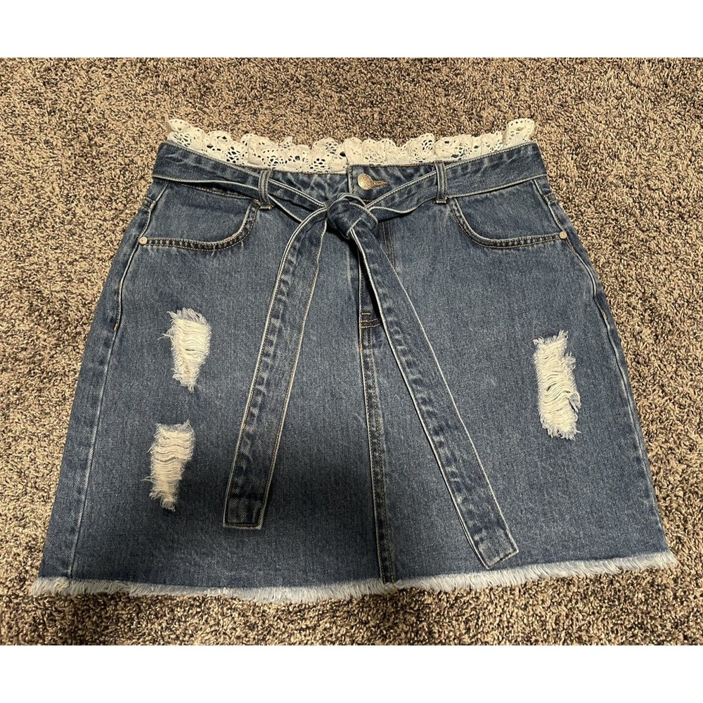 Denim Blvd Los Angeles Ripped Jeans Mini Skirt Sz L Raw Hem